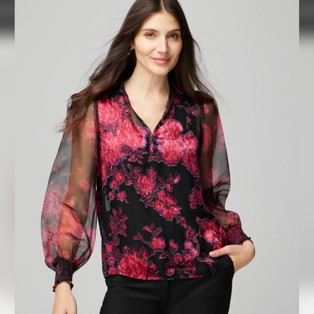 White House Black Market WHBM Womens Large Black Silk Burnout Dark Romantic